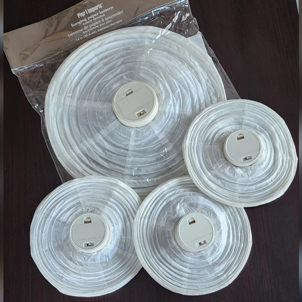 Pier1 white paper lantern set of 4, warm LEDs, battery power, NEW! 14
